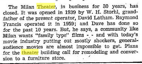 Milan Cinema (Milan Theatre) - Saline Reporter Sep 25 1969 Article On Closing (newer photo)